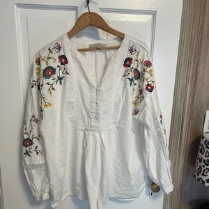 {Loft} White Long sleeve embroidered peasant top